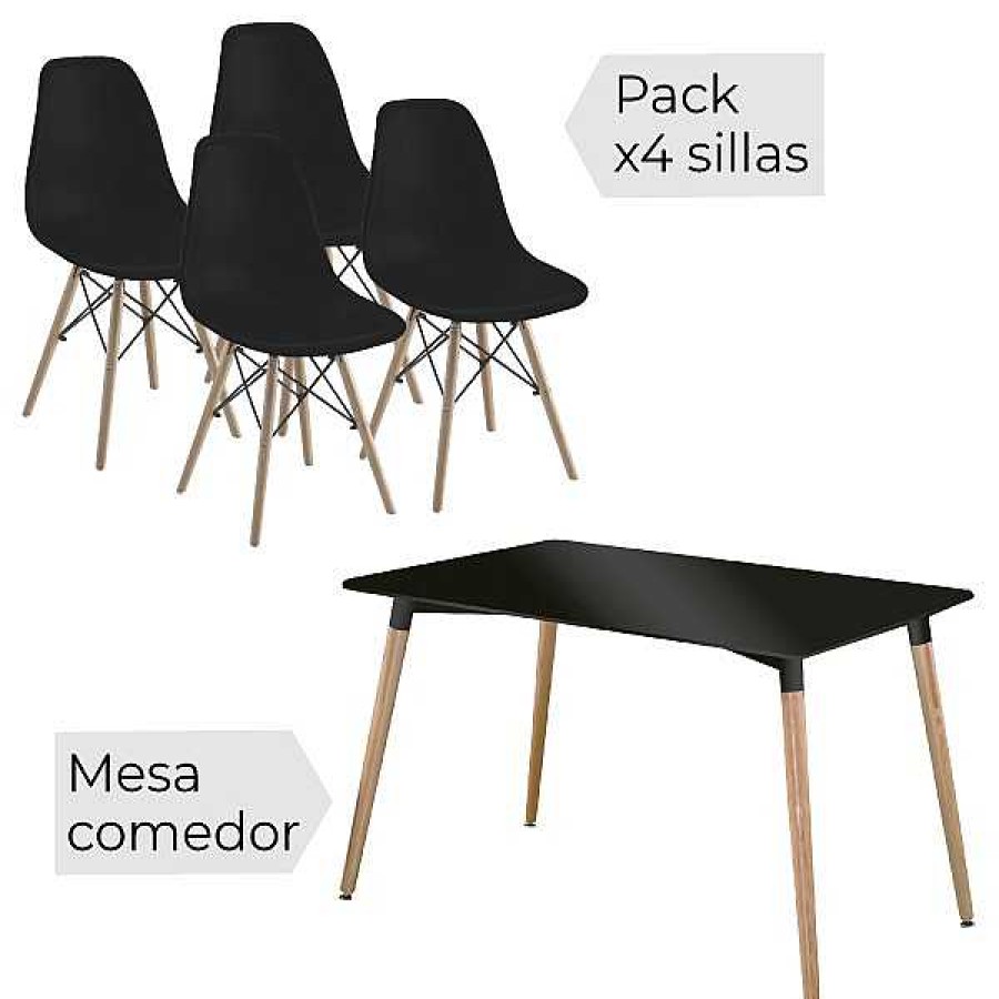 Mesas Y Sillas Muebles1Click | Conjunto Mesa Rect Y 4 Sillas Dinamarca Negro