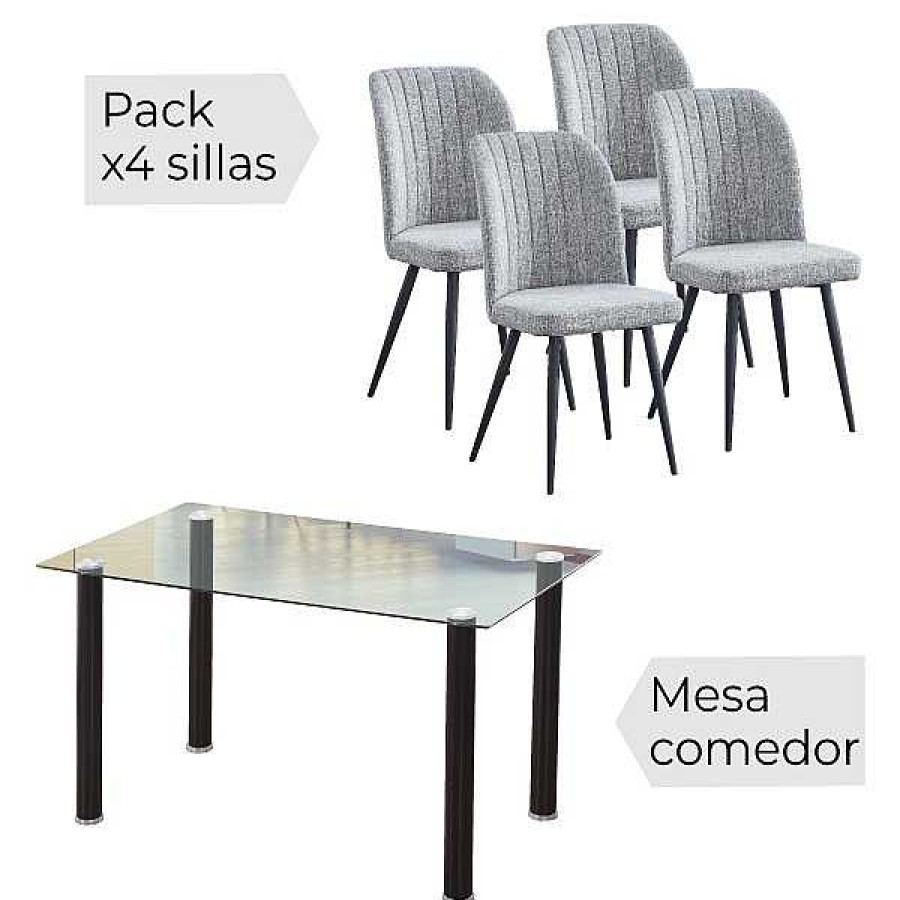 Mesas Y Sillas Muebles1Click | Conjunto Mesa Yuri Negra + 4 Sillas Rory