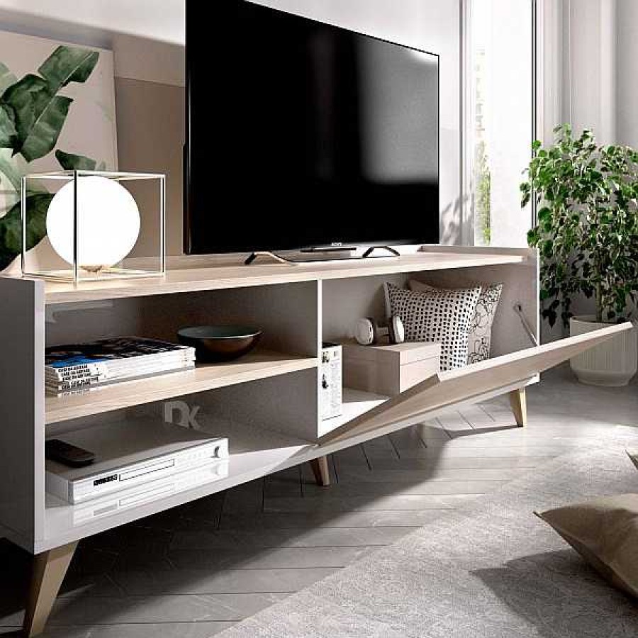 Salones Muebles1Click | Bajo Tv Ness Blanco-Natural