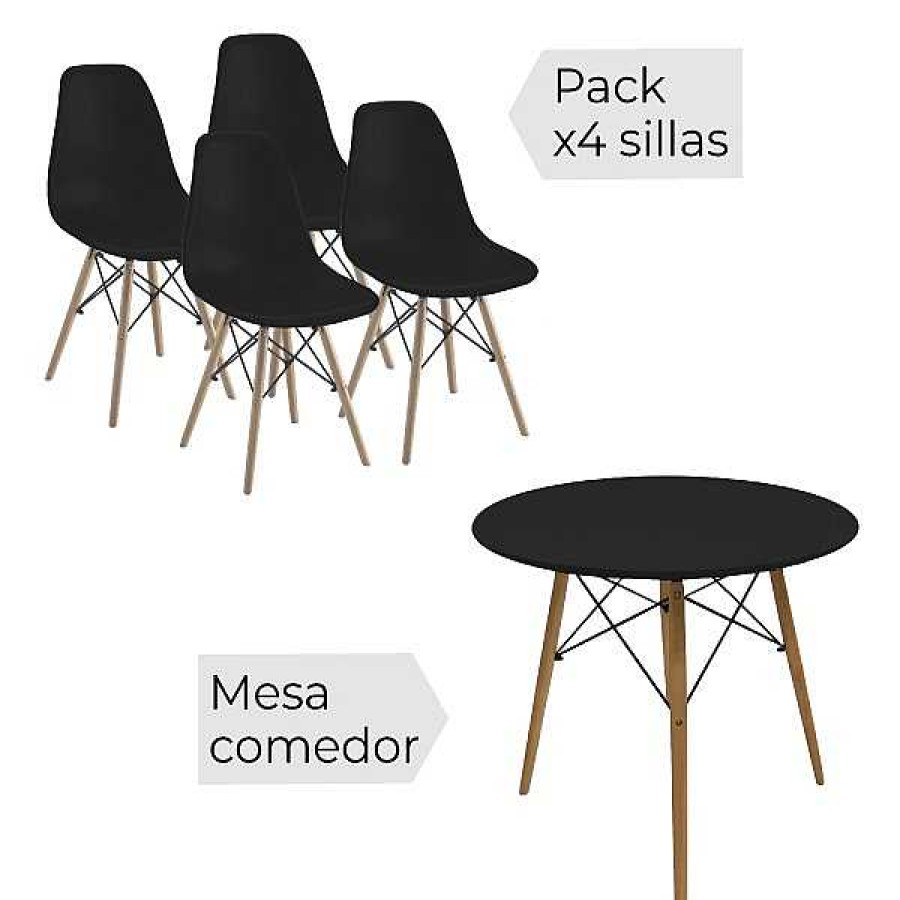 Mesas Y Sillas Muebles1Click | Conjunto Mesa Redonda Y 4 Sillas Dinamarca Negro