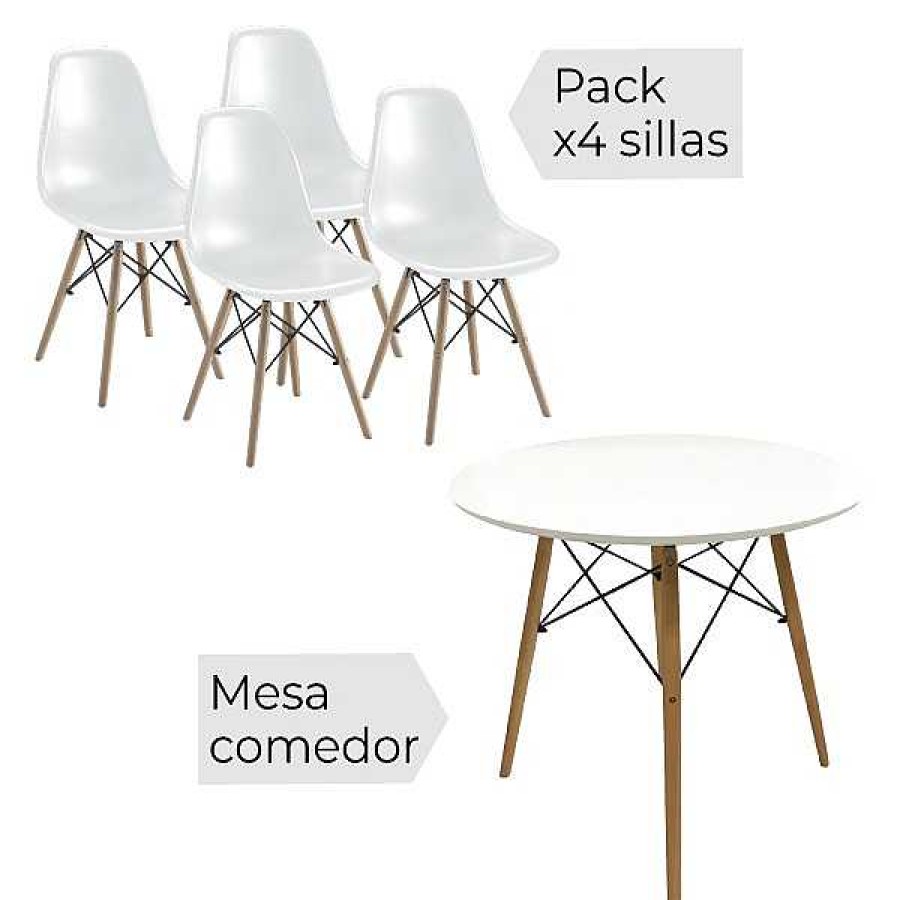 Mesas Y Sillas Muebles1Click | Conjunto Mesa Redonda Y 4 Sillas Dinamarca Blanco