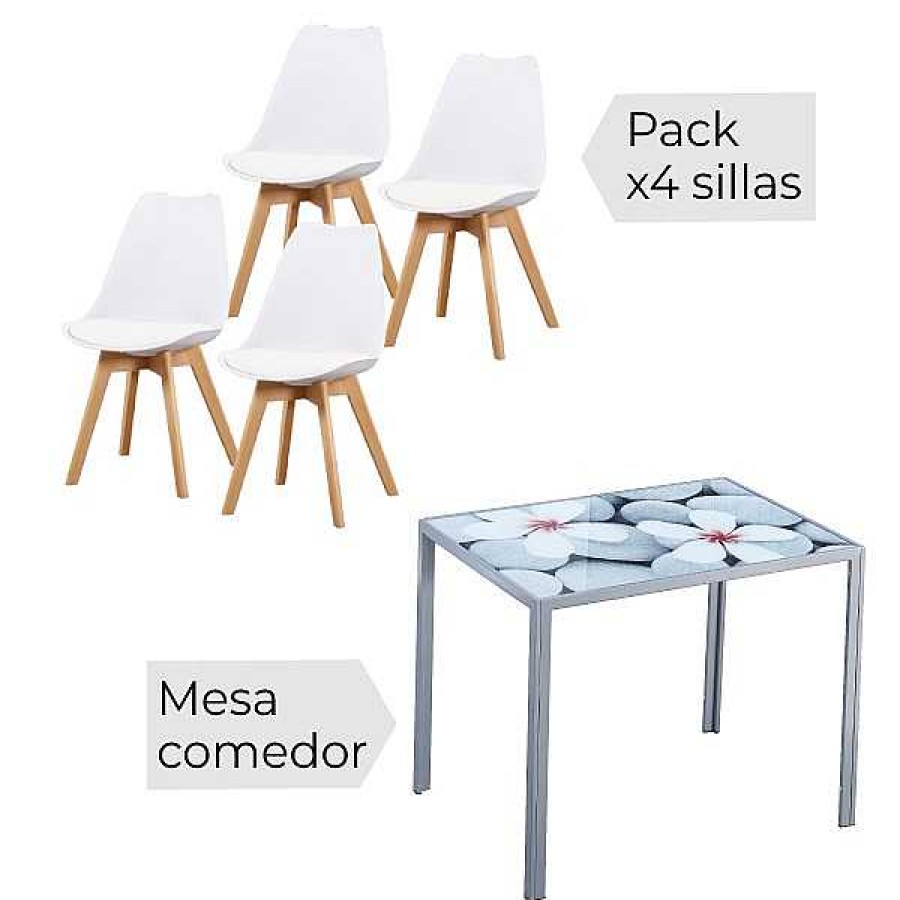 Mesas Y Sillas Muebles1Click | Mesa Fija Flores + 4 Sillas Fina