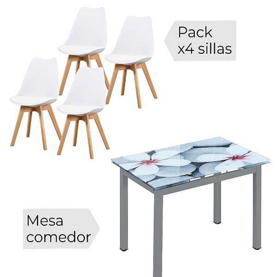 Mesas Y Sillas Muebles1Click | Mesa Extensible Flores + 4 Sillas Fina